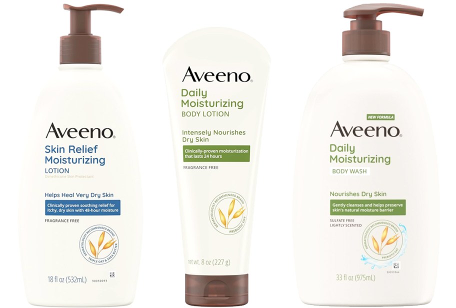 two bottles of aveeno body lotion and body of body wash