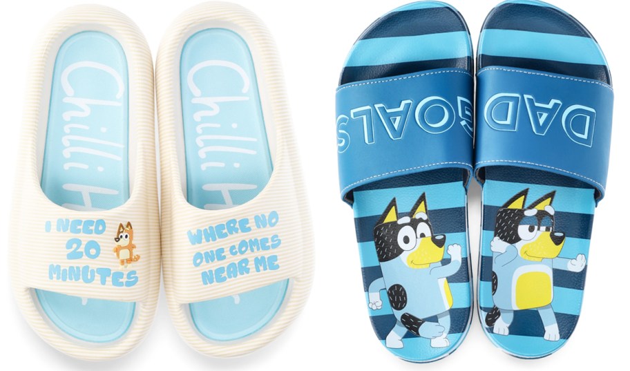 white and blue pairs of bluey themed slide sandals