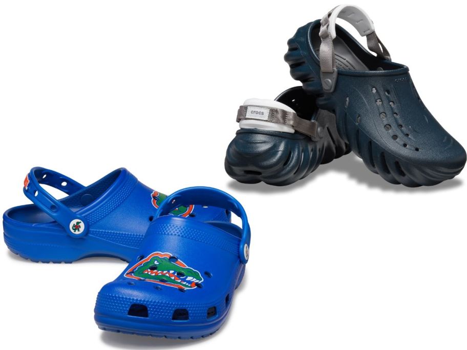 Stock images of two pairs of Crocs shoes