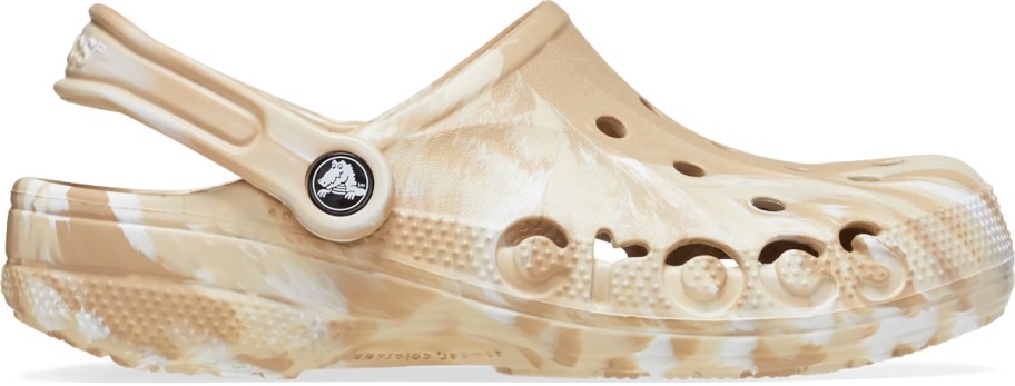 tan and white marbled print crocs clog