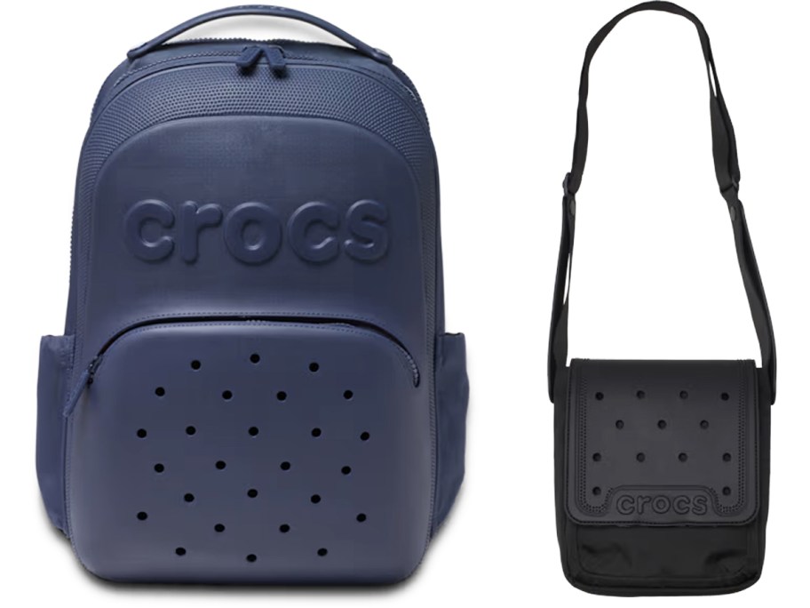 navy blue backpack and black crossbody bag