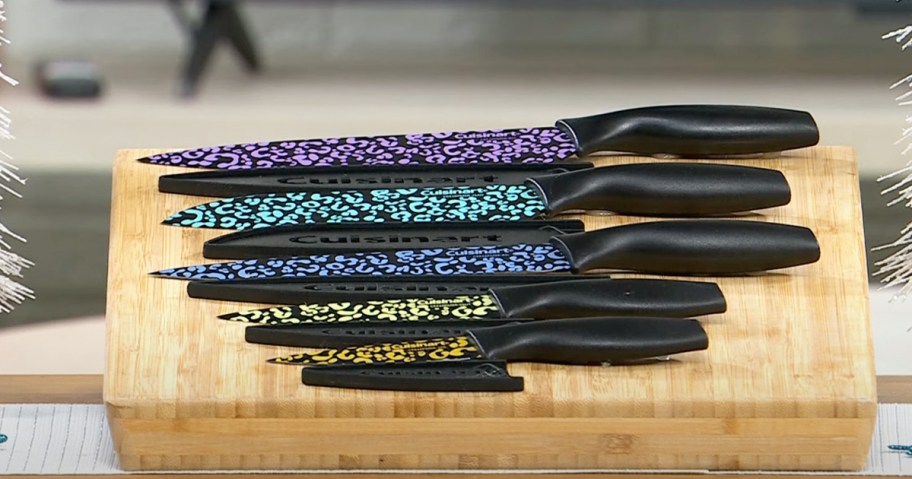 black knife set with multi-color animal print blades