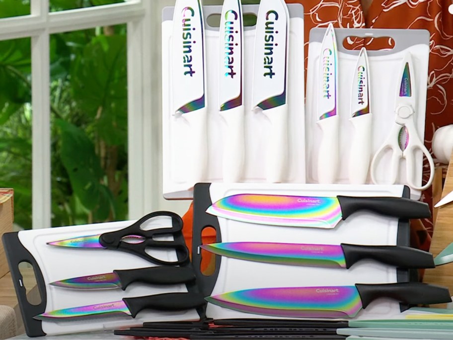 black and white iridescent kitchen knife sets with cutting boards