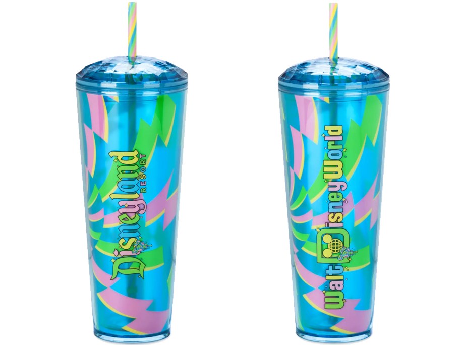 blue, green, and pink disney starbucks tumblers