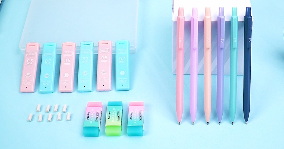 pastel mechanical pencils, erasers, and packs of refill lead