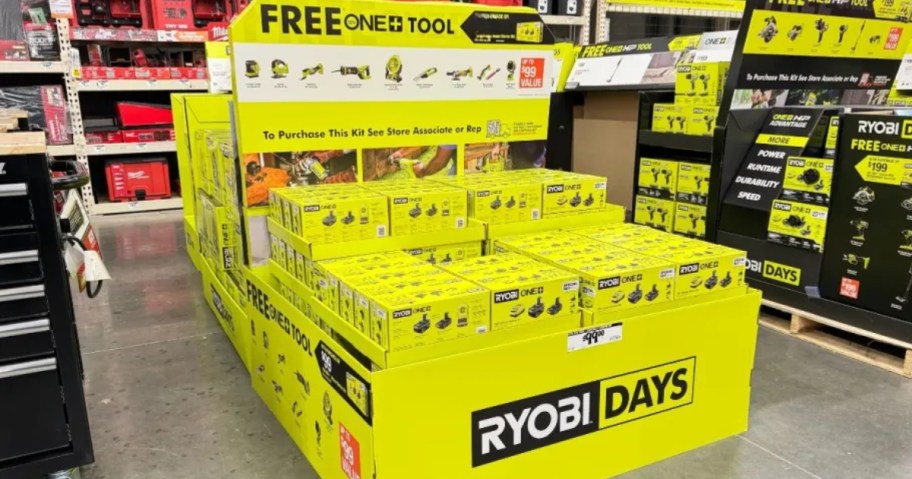 Ryobi Days bonus free product display at Home Depot