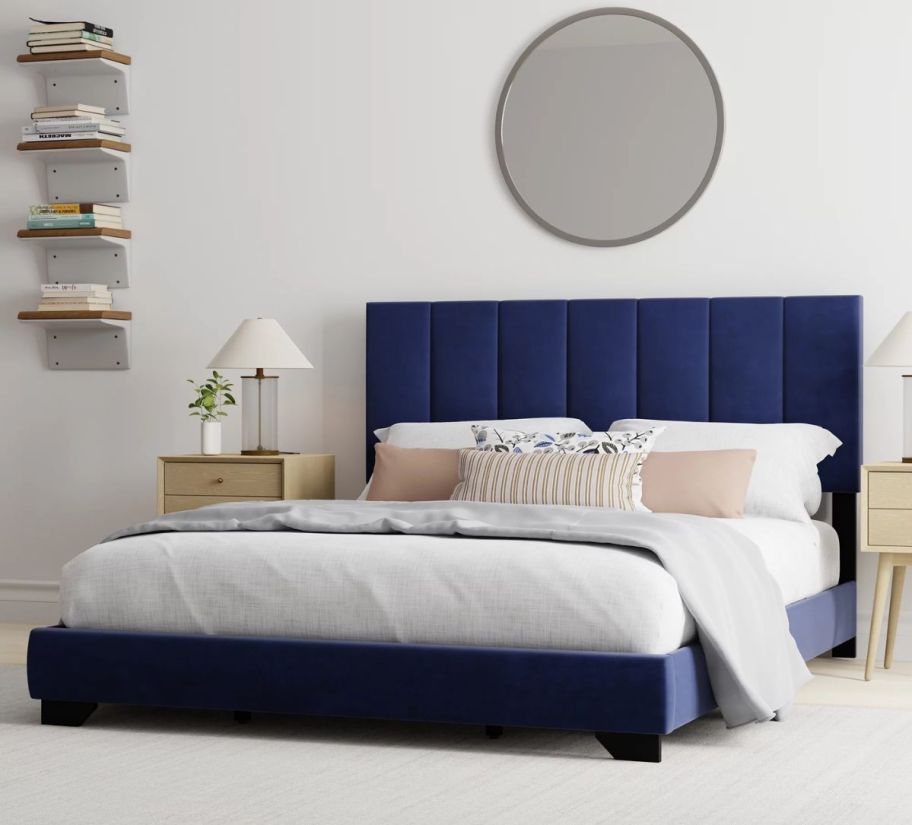 dark blue micro suede upholstered bed frame