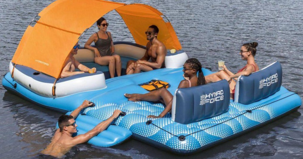 Orange and blue floating island that holds six adults