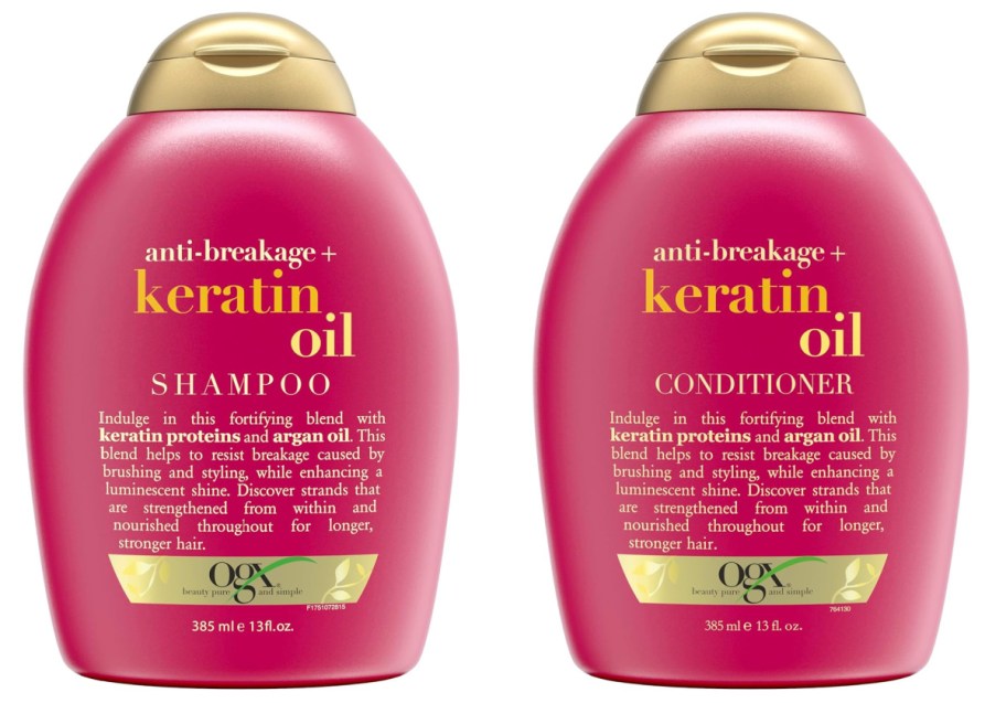 pink and gold bottles of OGX Keratin oil shampoo and conditioner