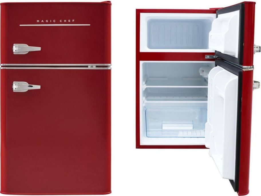 Stock images of a Magic Chef Retro 3.2 cu. ft. 2 Door Mini Refrigerator in Red 