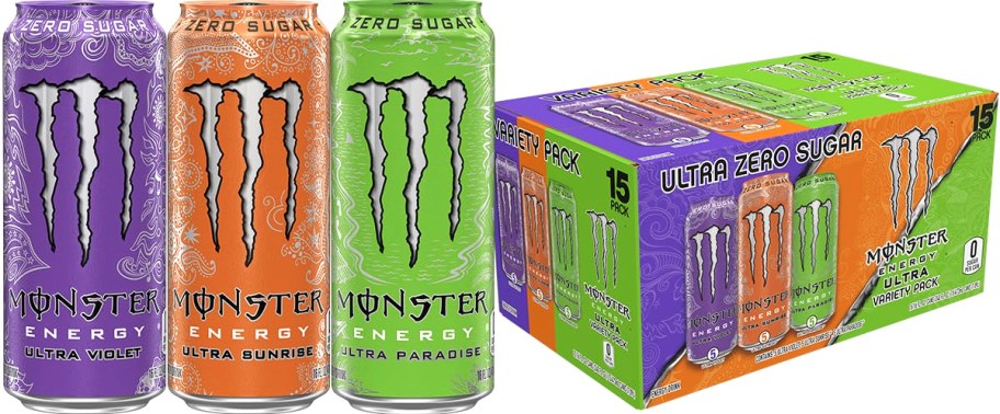 3 monster energy drink cans next to variety pack box