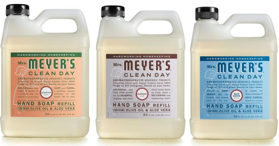 3 large bottles of Mrs. Meyer's Clean Day Hand Soap Refills 