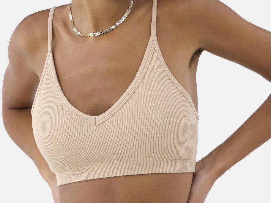 woman wearing No Boundaries Seamless Ribbed Triangle Bralette