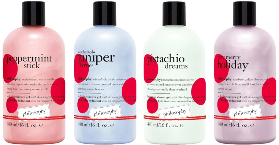 four bottles of Philosophy 3-in-1 Holiday Shower Gels in a row