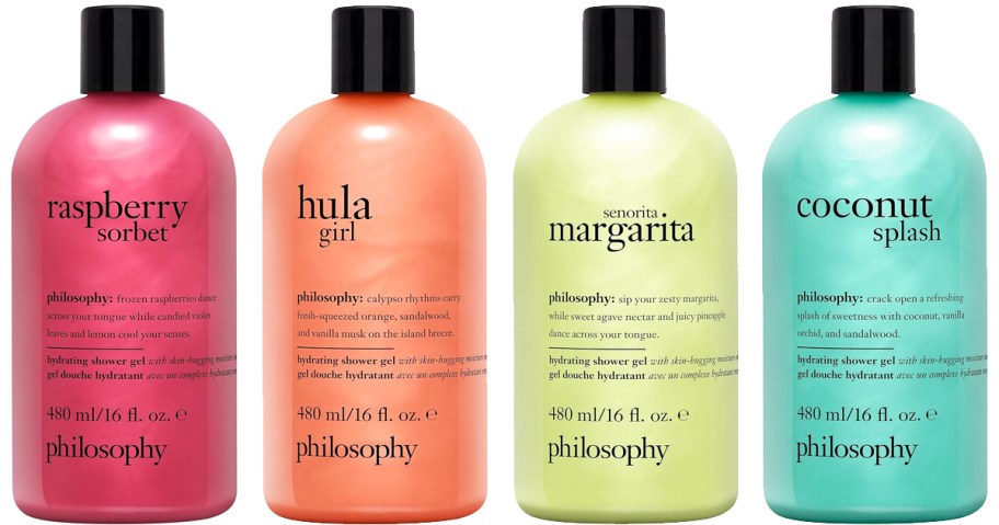 four bottles of Philosophy 3-in-1 Shower Gels in a row