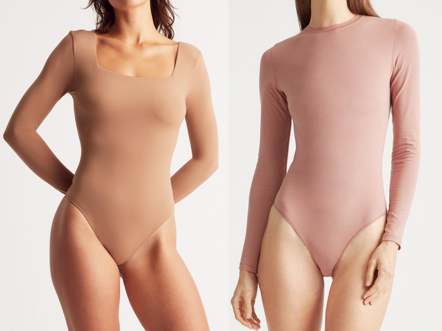 women in nude and pink bodysuits