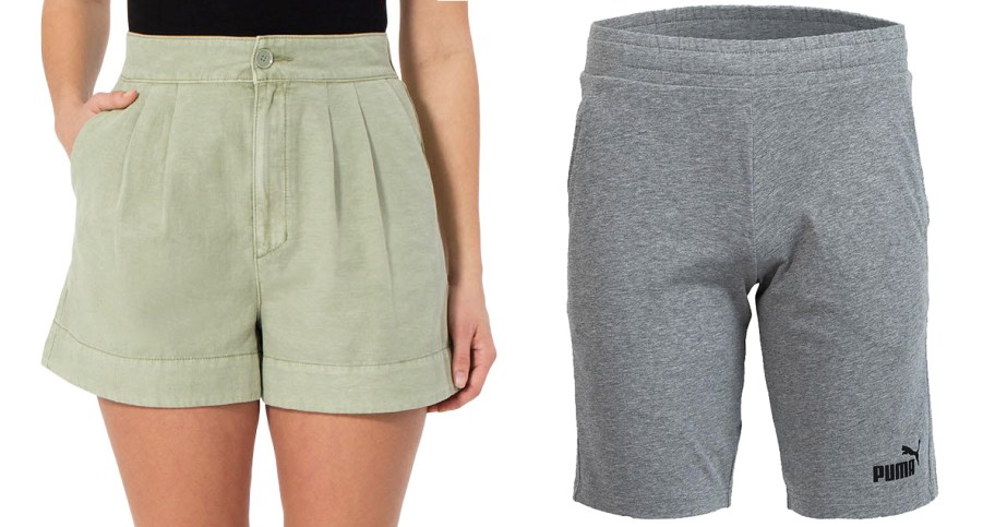 green and grey pairs of shorts