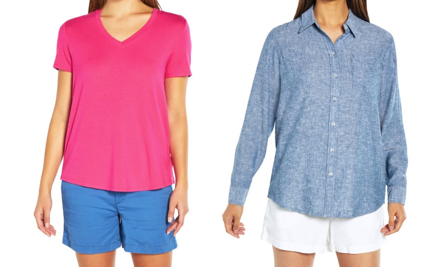 woman in pink t-shirt and woman in blue button down top