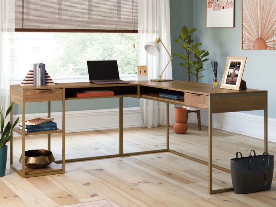 Sauder Lux Modern L-Shaped Desk w/ Gold Frame in office