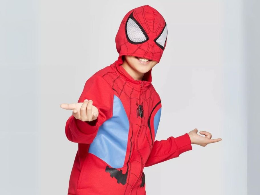 boy wearing Spider-Man Kids' Costume Sweatshirt