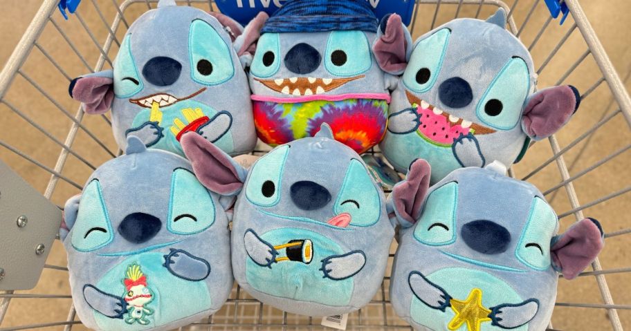 Stitch Squishmallows in a cart at Five Below