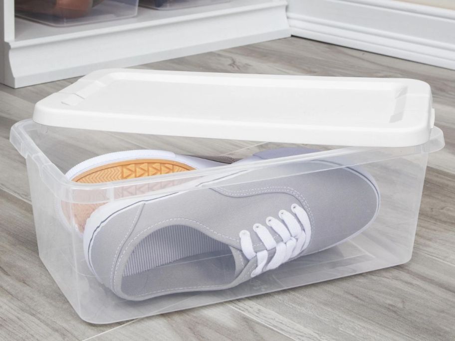 Sterilite 6-Quart Storage Box on floor with shoes in it