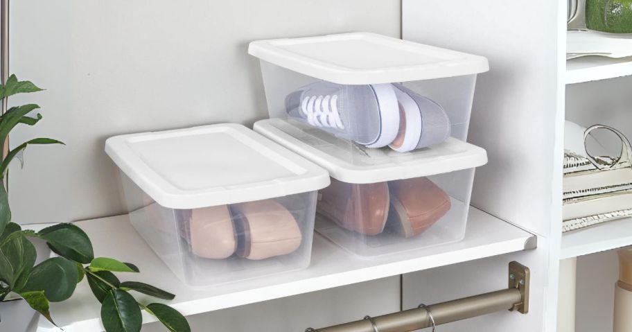 Sterilite 10-Piece 6-Quart Storage Box Set on shelf with shoes inside