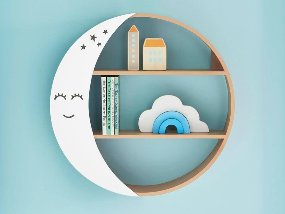 round wood wall shelf with crescent moon