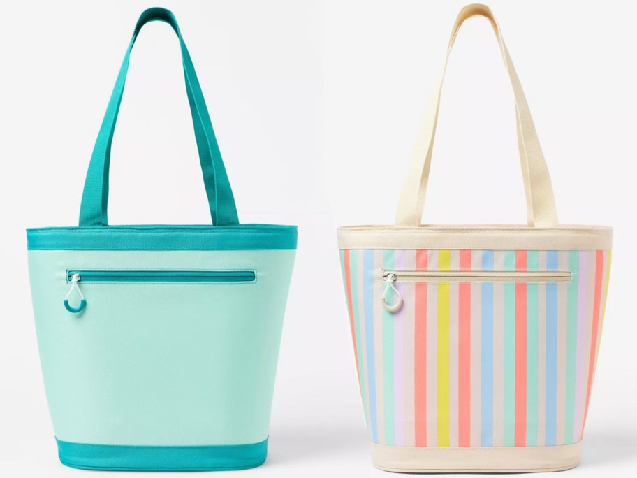 teal and multi color striped cooler tote bags