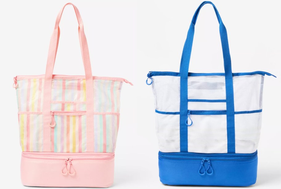 pink and blue mesh tote bags with zippered bottoms