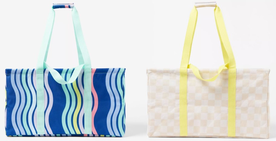 navy waves and tan checkered print tote bags