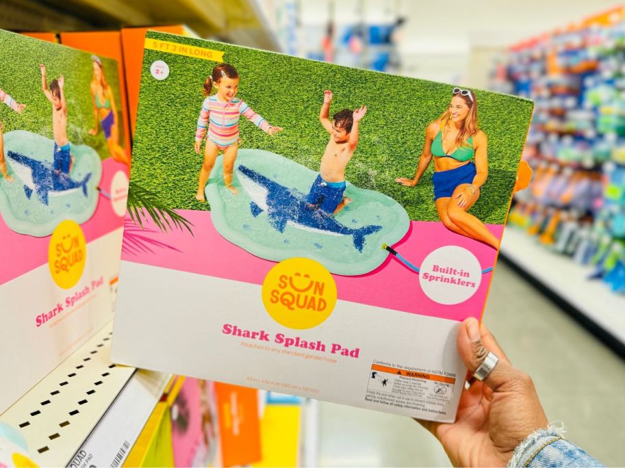 Sun Squad Shark Splash Pad box in hand in store