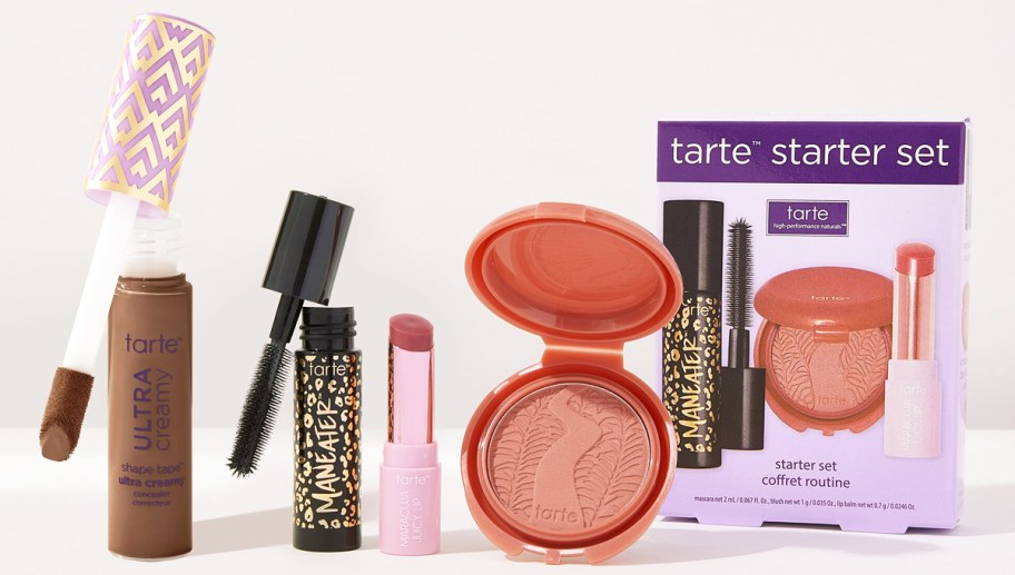 tube of tarte shape tape with mini mascara, lipstick, and blush