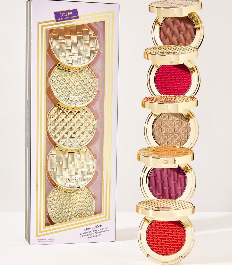 set of 5 mini tarte blushes in gold packaging