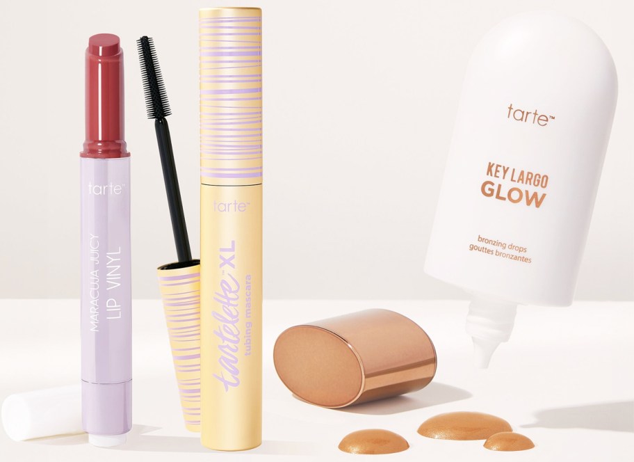 Maracuja Juicy Lip Vinyl, Key Largo Glow Bronzing Drops, and Tartelette XL Tubing Mascara