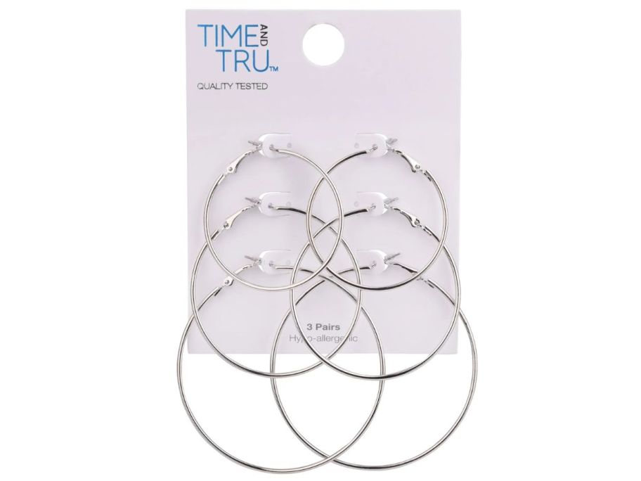 Time and Tru 3 Pair Silver Tone Metal Hoop Earring Set stock image