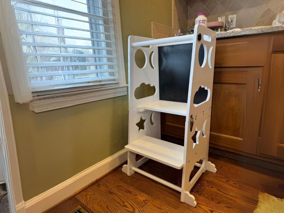 Toddler Kitchen Stool Helper next to counter