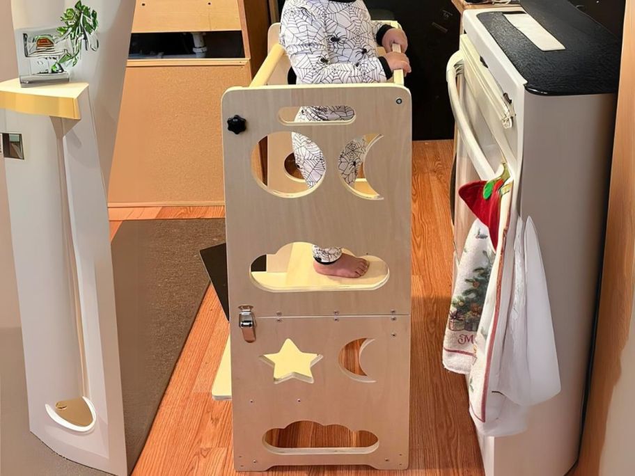 Toddler Kitchen Stool Helper in kitchen with toddler on it