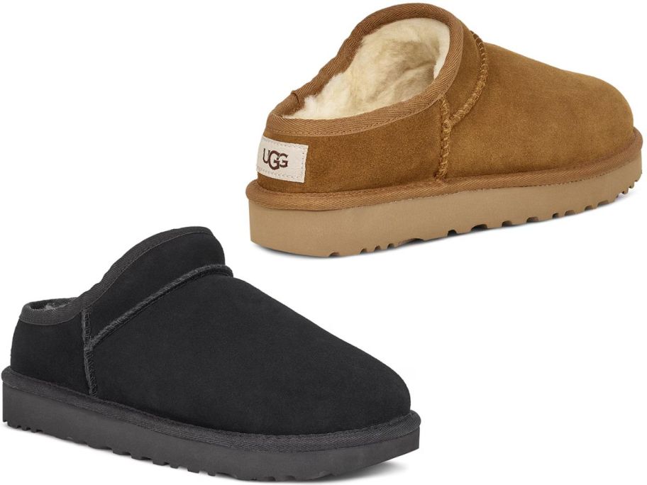 Front and back view of UGG Classic Slippers in black or tan