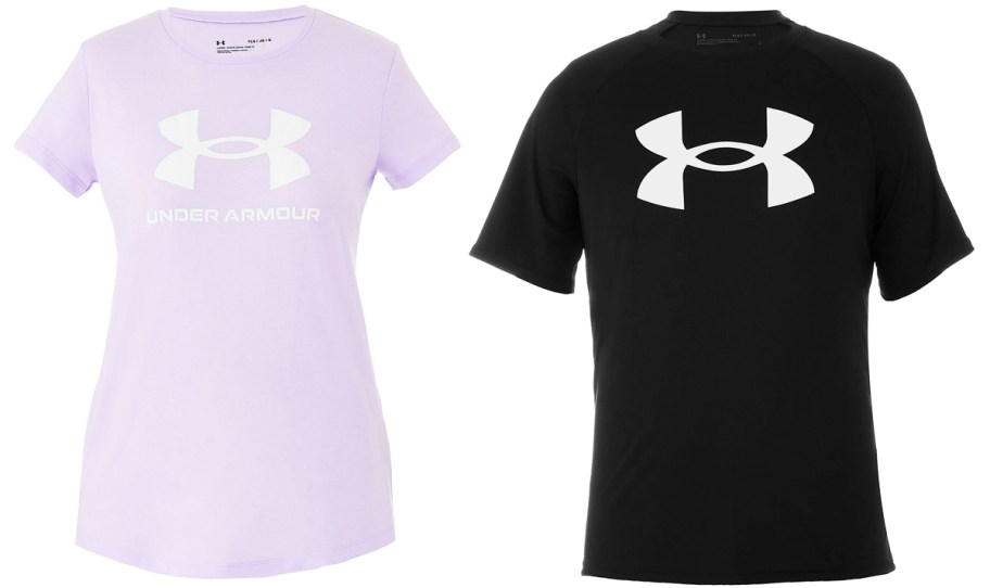 purple and black under armour tees