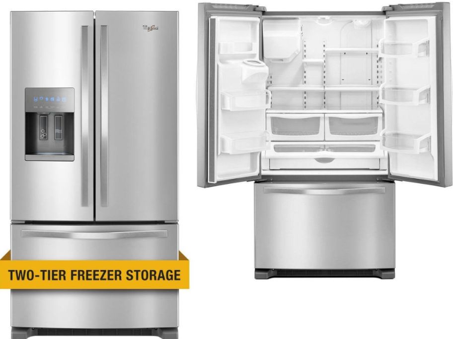 Stock images of a Whirlpool 25 cu. ft. French Door Refrigerator in Fingerprint-Resistant Stainless Steel