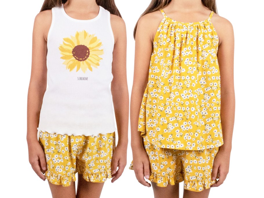 girls in yellow and white flower print top and shorts sets