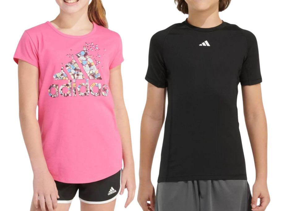 2 kids wearing adidas t-shirts