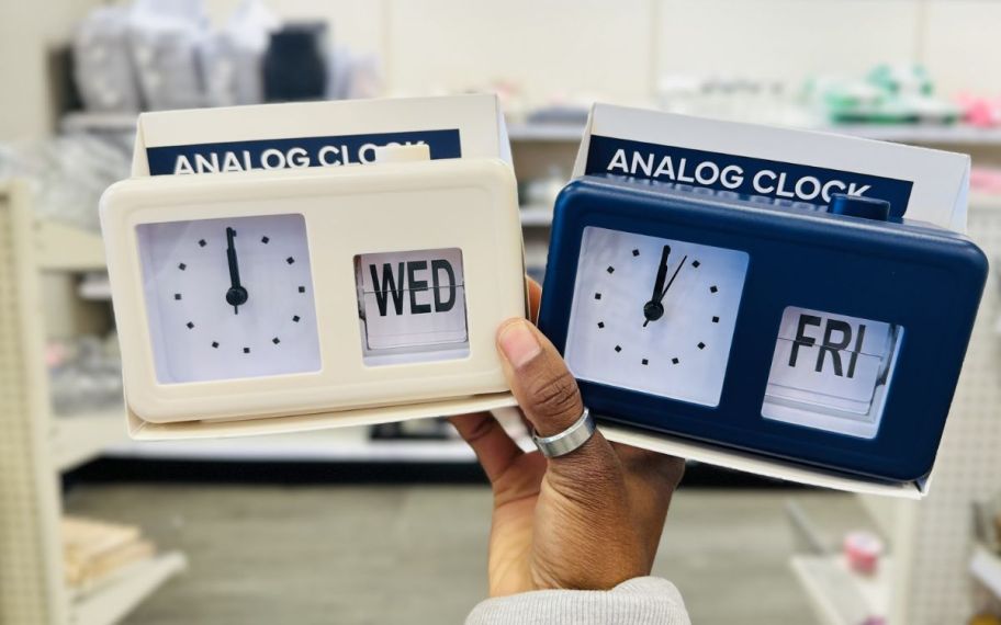 womans hand holding two analog alarm clocks