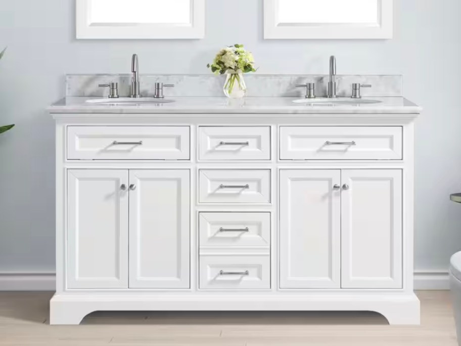 white bath vanity in bathroom 