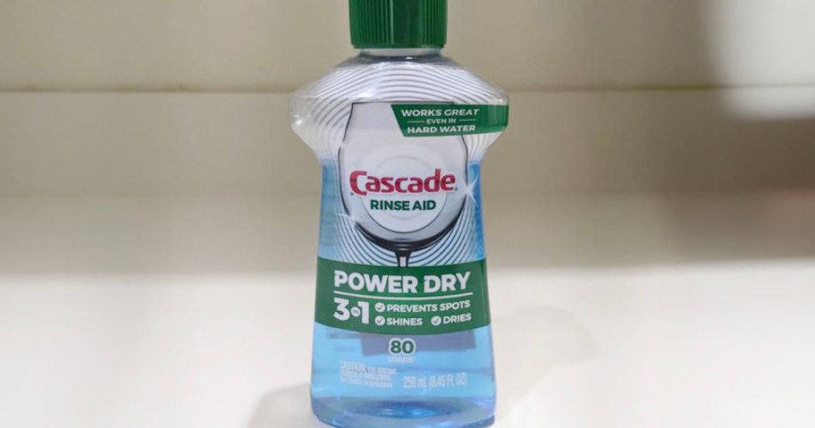 cascade rinse aid bottle on table