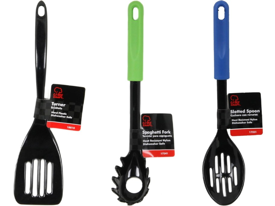 spatula, spaghetti fork, and slotted spoon utensils 