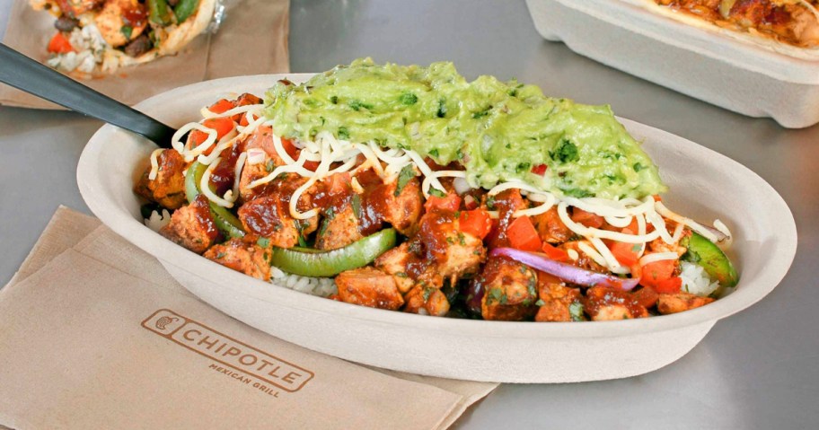 chipolte entree in bowl on table with napkin