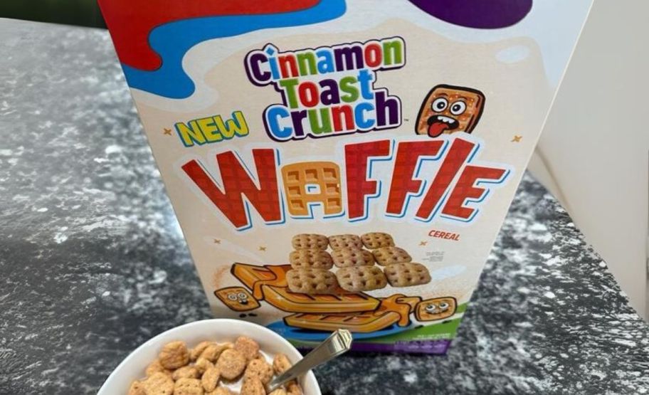 a box of cinnamon toast crunch waffle cereal shown with a bowl of cereal