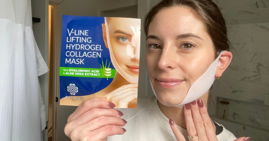 woman holding collagen mask and wearing one